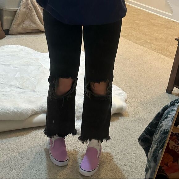 Free People We the Free black cropped flare open knee distressed jeans size 27 - Picture 1 of 8